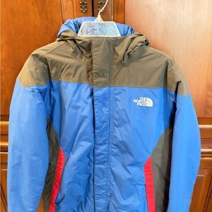 The North Face Kids Blue and Gray Puffer with Red Highlights